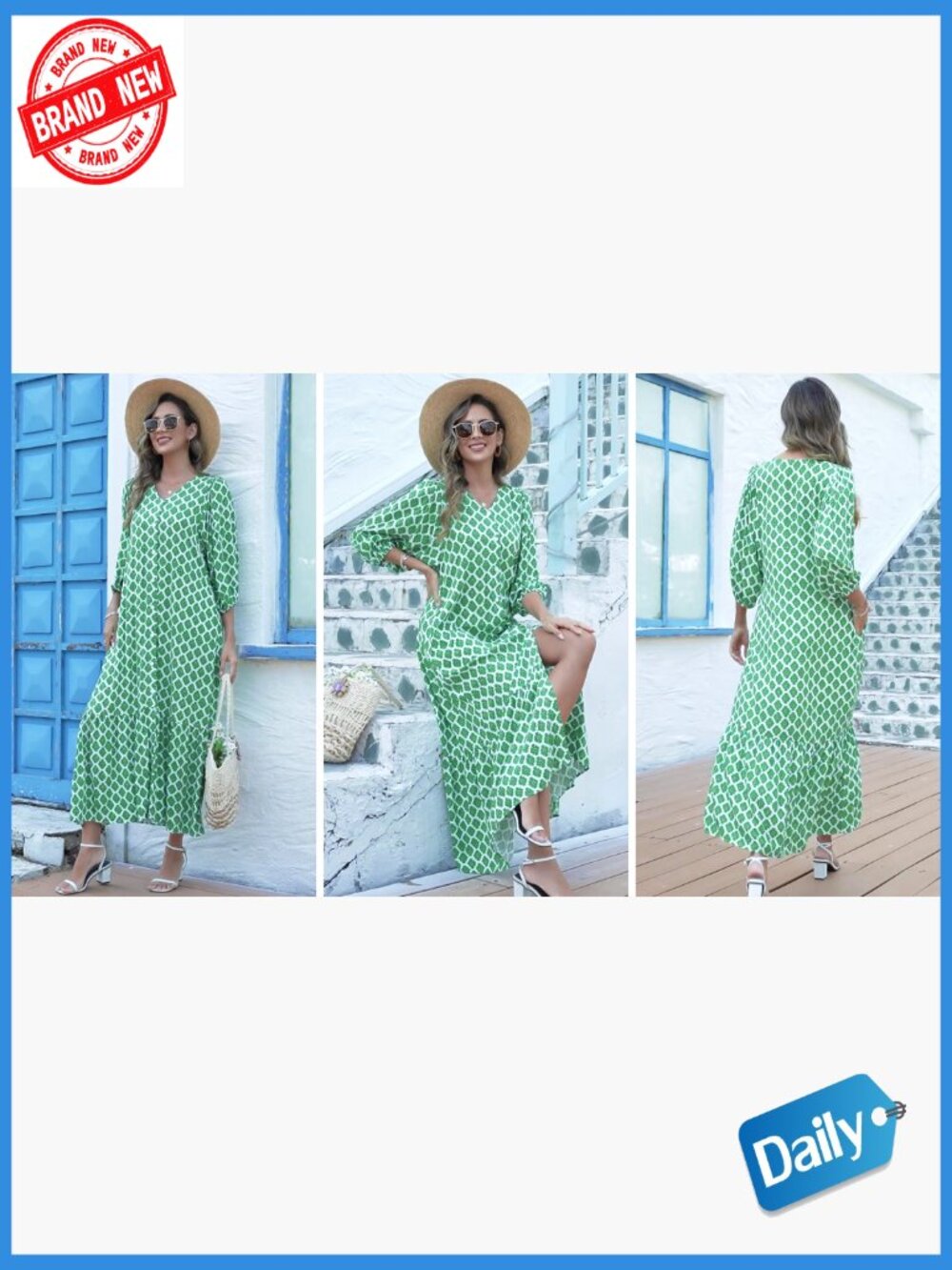 Boho Maxi Dress with Puff Sleeves Pockets Flowy Casual Loose Fit - Picture 7 of 7